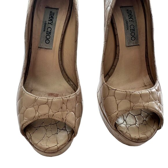 Jimmy Choo High Heels 35.5 US 6 Croc Embossed Open Toe Neutral Platform - Picture 2 of 7